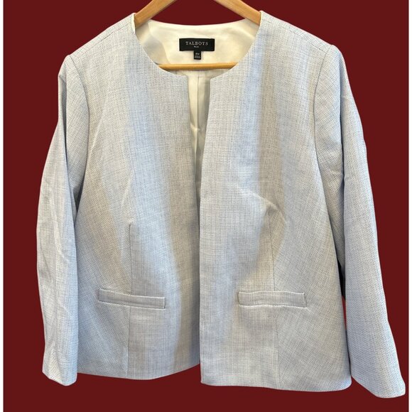 Talbots Light Blue Collarless Open Front Blazer Textured Weave Career Jacket 16W - Picture 1 of 5
